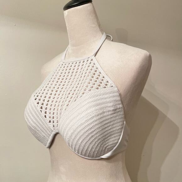 High Neck Halter Neck White Crochet Knit Bikini Top sz 38C - Picture 2 of 8
